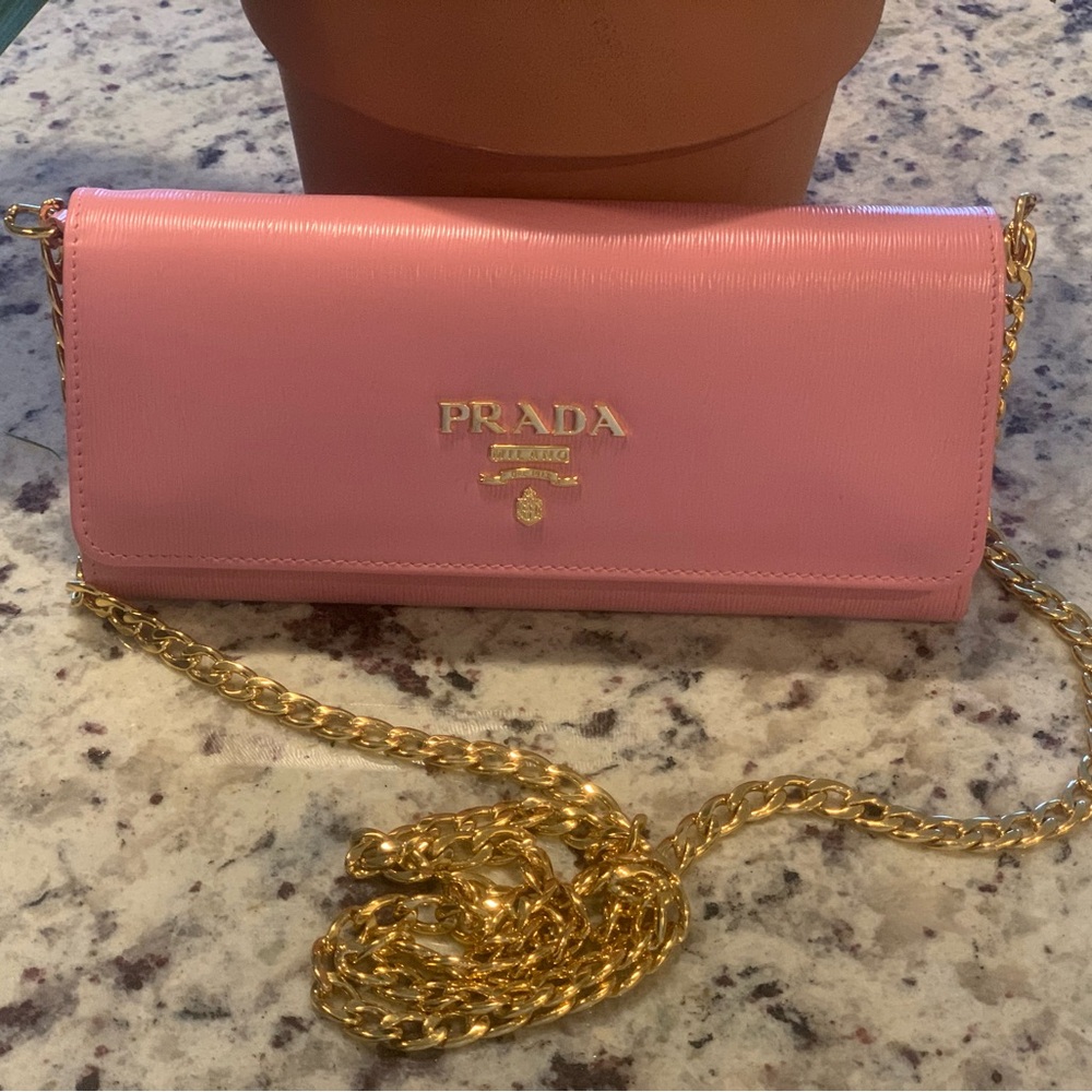 Pink Prada wallet on gold chain